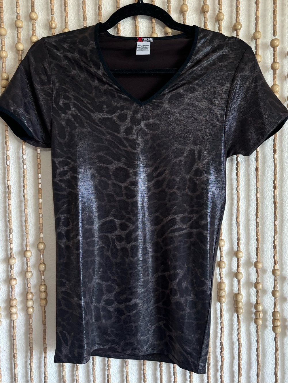 Vintage Y2K Black Brown Silky Leopard Stretchy Boho Grunge Rocker Short Sleeve